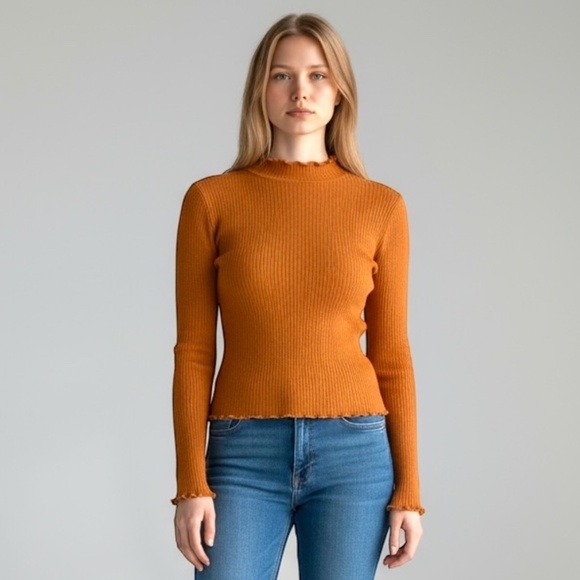 Forever 21 Rust Ribbed Lettuce Hem Mock Neck Sweater Top Size M - Picture 1 of 4